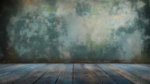 Empty rustic room with weathered wall and wood floor backdrop.
