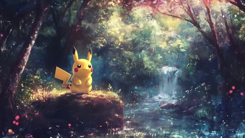 Electric forest wanderer beside a whispering waterfall.