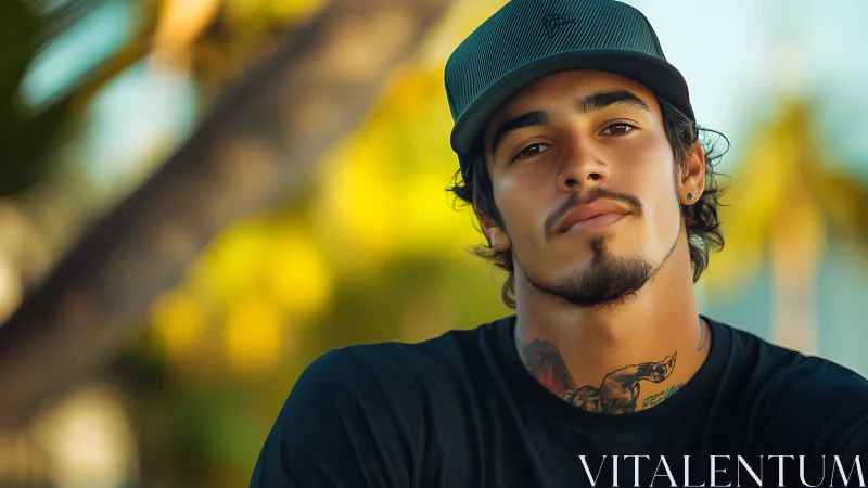 Young man in cap with neck tattoo in shallow focus portrait