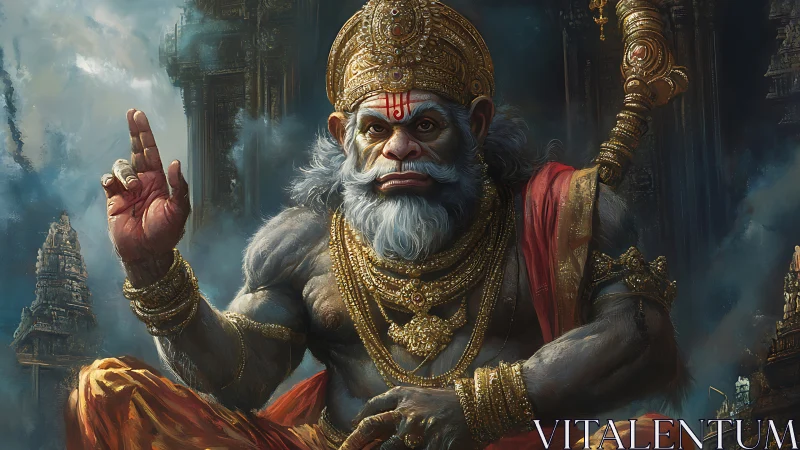 Mythic simian deity in ornate armor amid stone ruins.