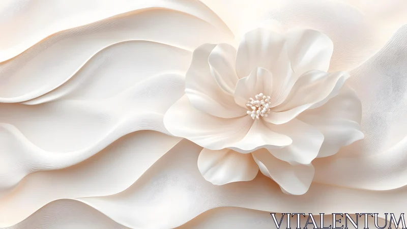 Elegant White Flower on Flowing Fabric, Soft Minimalist Art. Elegant White Flower on Flowing Fabric, Soft Minimalist Art.