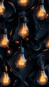 Illuminated glass bulbs against dark intertwined cables pattern.