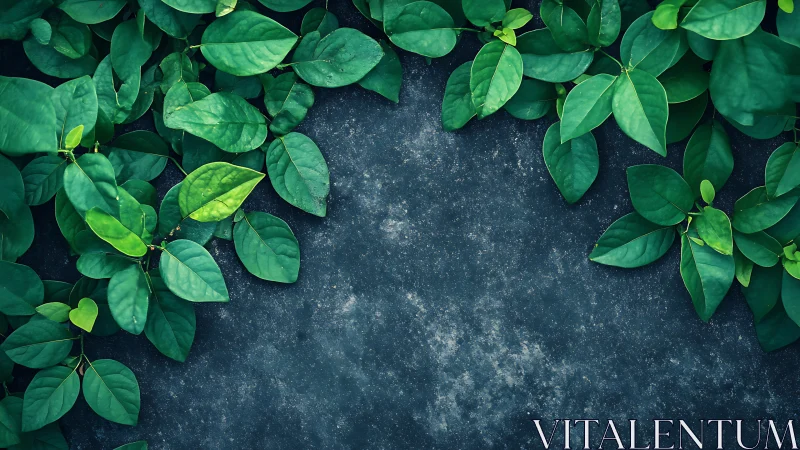 Lush green leaves frame a dark textured stone background.