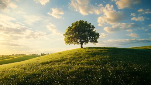 Lone Tree on Green Hill Under Dramatic Sky, Natural Landscape.
