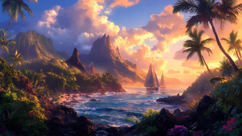 Tropical Sailing Paradise at Golden Sunset Hour