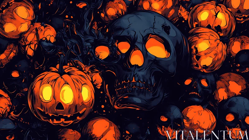 Glowing jack o&rsquo;lanterns and skulls in dense Halloween void.