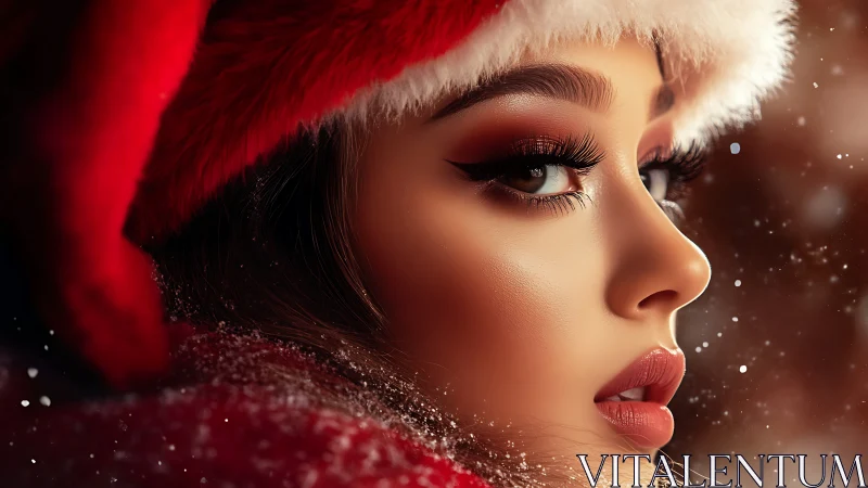 Woman in Santa hat looks sideways in soft winter lighting