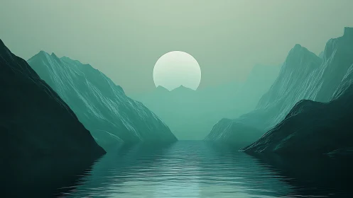 Teal mountains frame serene moonlit fjord horizon.