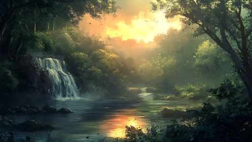 Luminescent forest landscape with cascading waterfall and golden sunrise through verdant canopy
