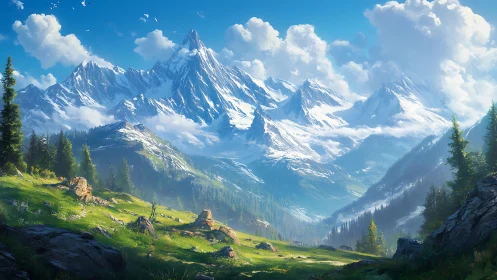Snowcapped mountain valley under bright summer sky.