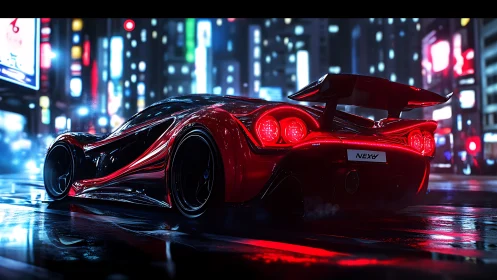 Futuristic red hypercar under neon city lights at night.