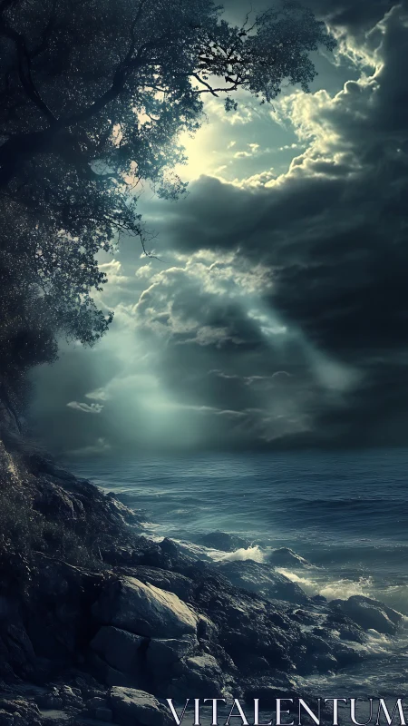 Moonlit storm coast under piercing celestial beams.