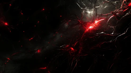 Red glowing filaments twist through dark abstract space
