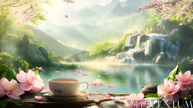 Tea cup on wooden ledge beside lake, waterfall and blossoms
