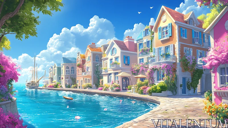 Sunlit canal village shows pastel houses and vivid blossoms