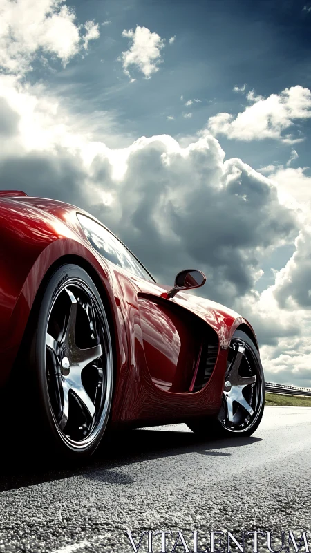 Red sports car on wet track under dramatic storm clouds.
