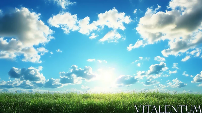 Sunlit grass field under scattered daytime clouds.