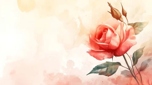 Watercolor Coral Rose with Buds and Leaves.