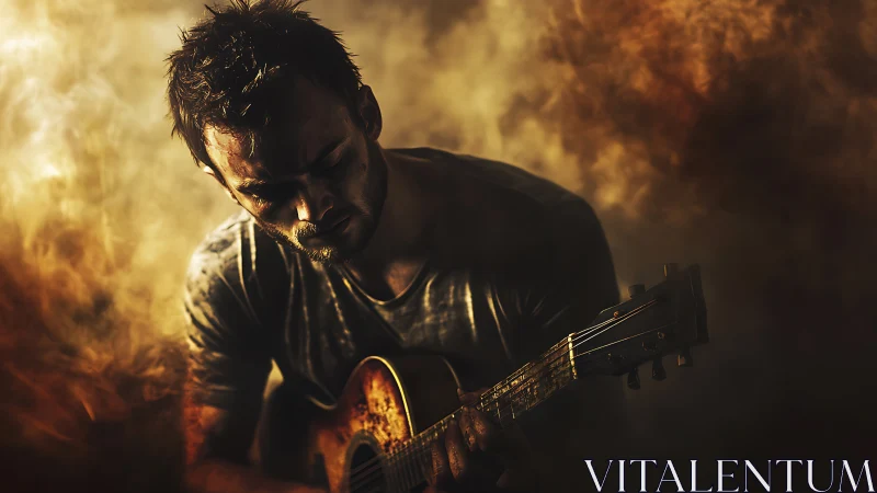 Moody guitarist lost in golden smoke and heartfelt sound.