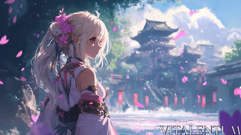 Anime shrine maiden under drifting cherry blossoms at riverbank.