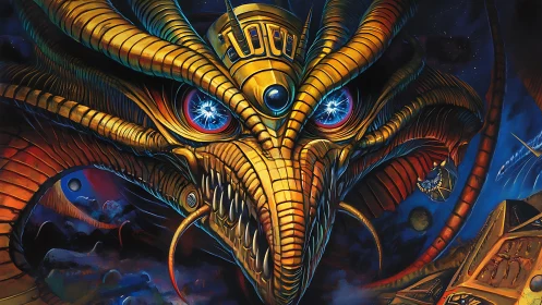 Golden biomechanical dragon head against deep space backdrop.