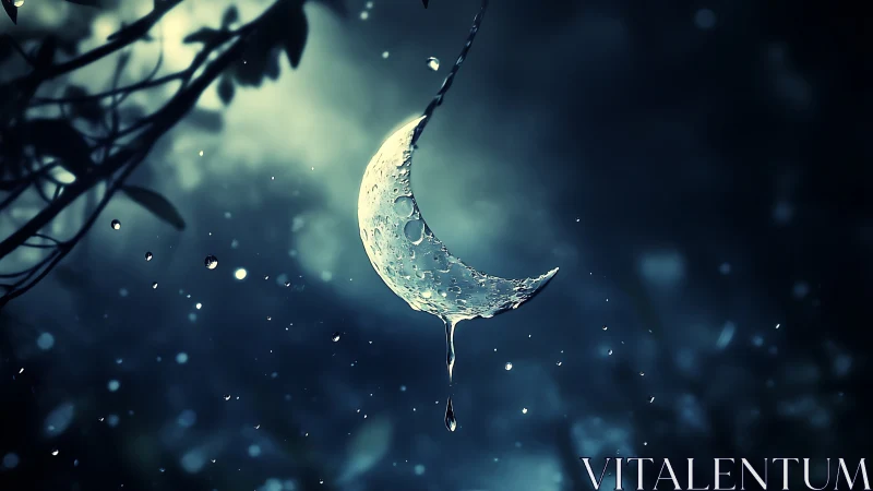Crescent moon droplet suspended in atmospheric blue bokeh