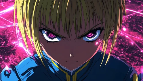 Fierce anime warrior locks eyes with glowing pink energy