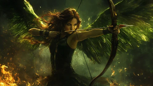 Fiery winged archer draws a glowing arrow in emerald light