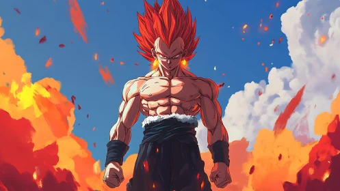 Fiery anime warrior stands amid explosive burning sky.