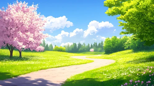 Spring meadow path under cherry blossom and clear sky.
