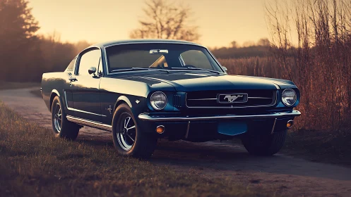 Classic blue Mustang basking in soft golden sunset light.