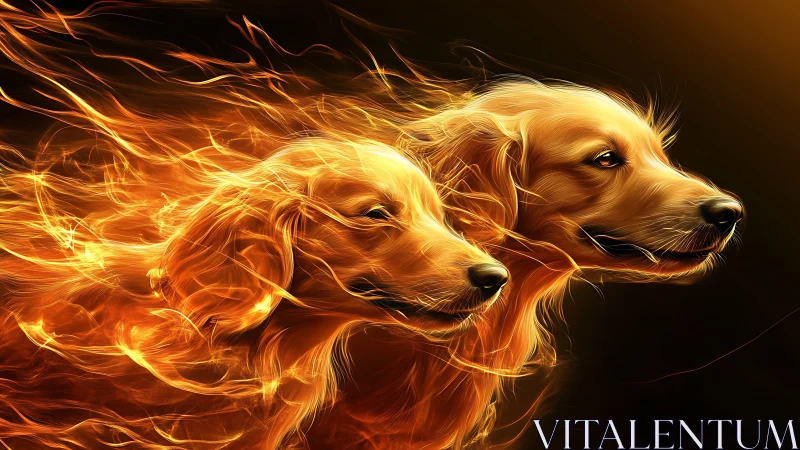 Golden retrievers rendered as flowing luminous fireforms.