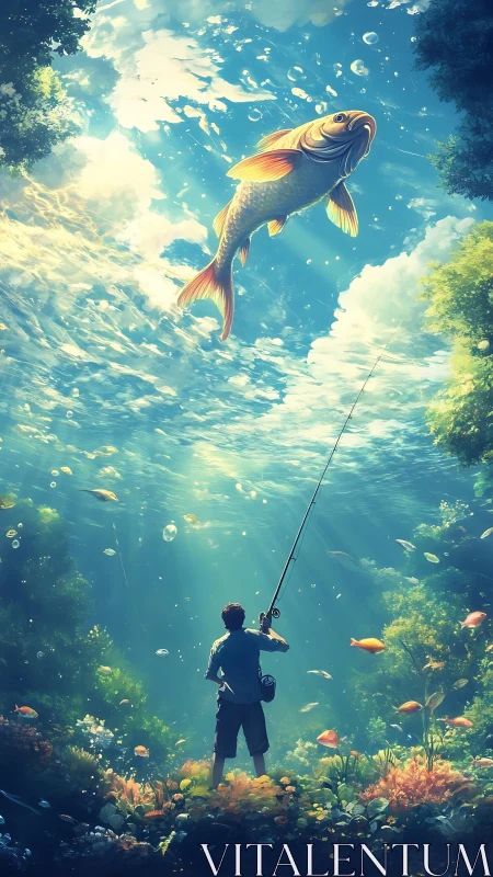 Dreamy underwater angler gazes up at a glowing golden fish