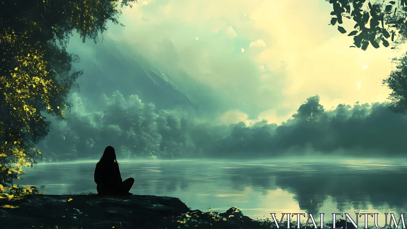 Luminous misted lakeshore with solitary silhouetted observer.