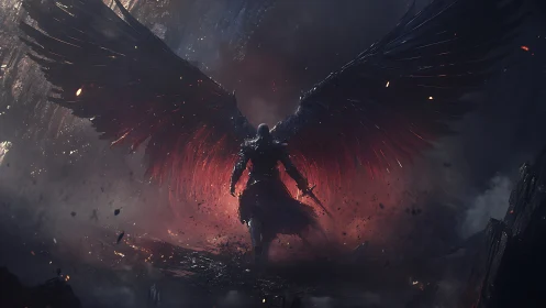 Dark-winged warrior rises in glowing storm of embers