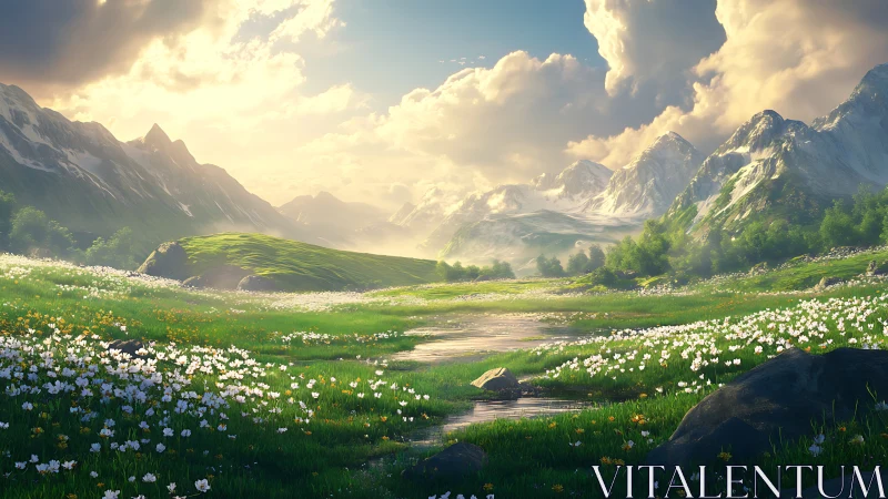 Mountain meadow with stream and distant snow peaks at dusk.