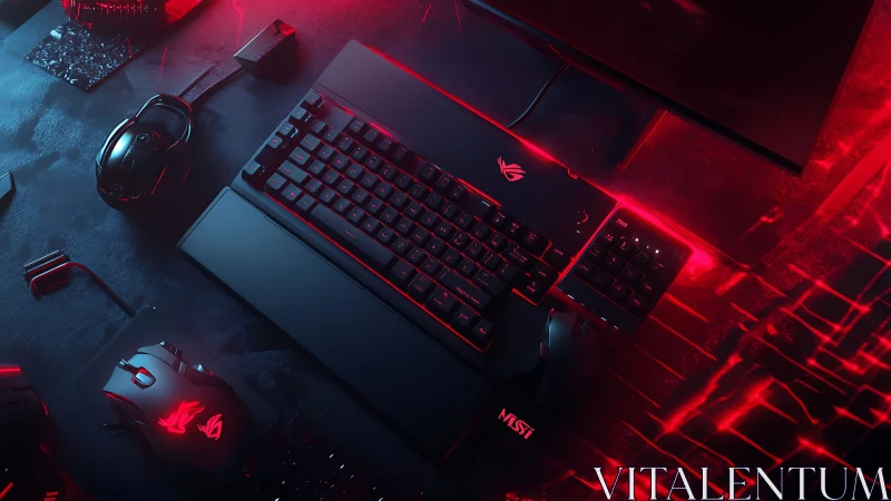 Cyberpunk gaming battlestation with illuminated keyboard layout.