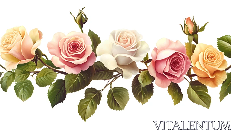 Botanical Rose Arrangement with Layered Petal Gradients and Foliage
