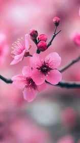Pink flowering branch with buds against soft blurred background.