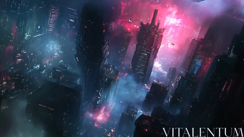 Neon skyscrapers burn through mist in a brooding cyber city