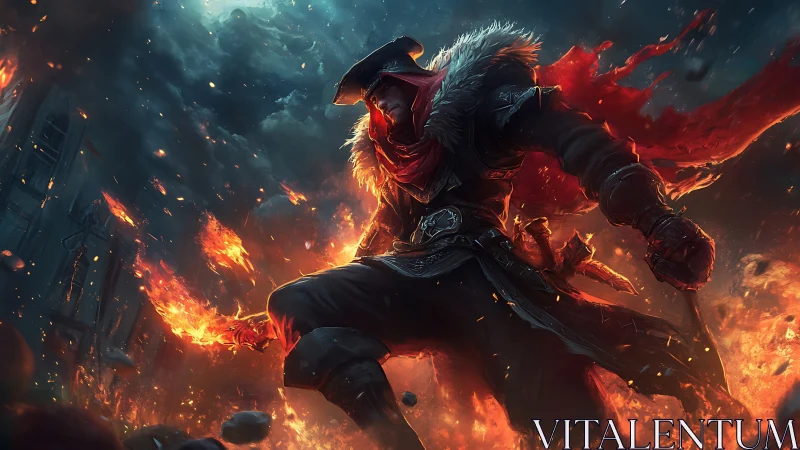 Fire warrior strides through burning battlefield scene