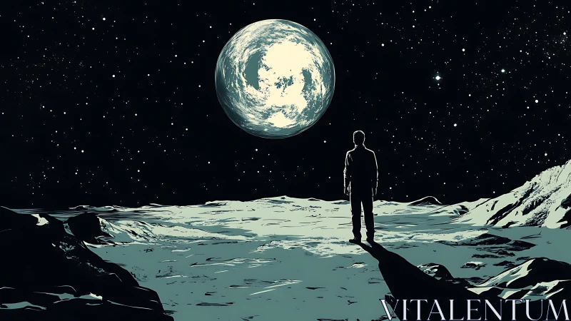 Lone dreamer studies an oceanic Earth from frozen lunar dust