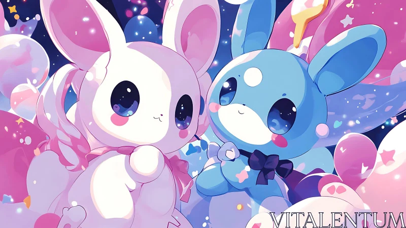 Two pastel chibi animals float amid balloons and star shapes