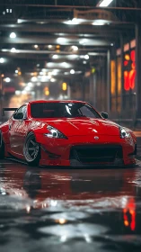 Lowered red sports car idles in a neon lit rainy street