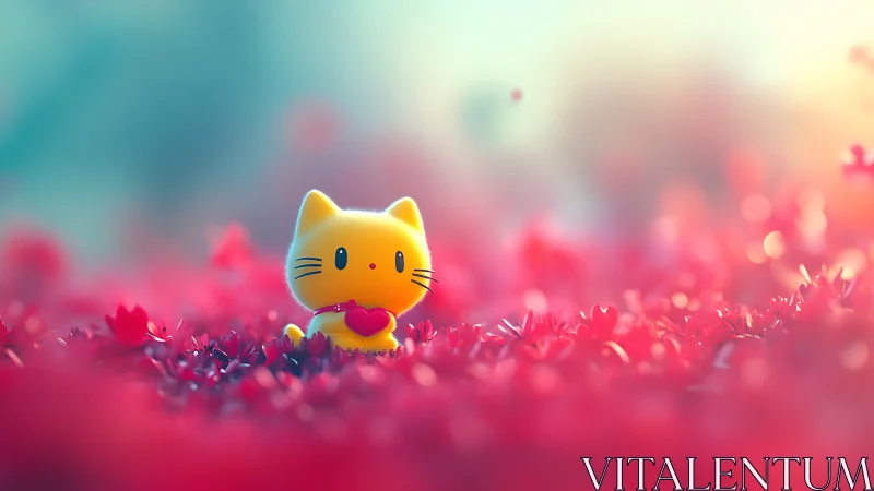 Golden Cat with Heart Among Pink Flower Field.