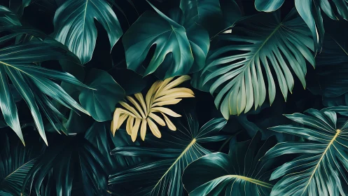 Golden leaf nestled in deep teal tropical jungle layers.