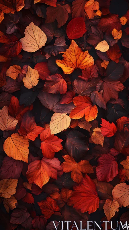 Flat lay of layered red and orange autumn leaves background.