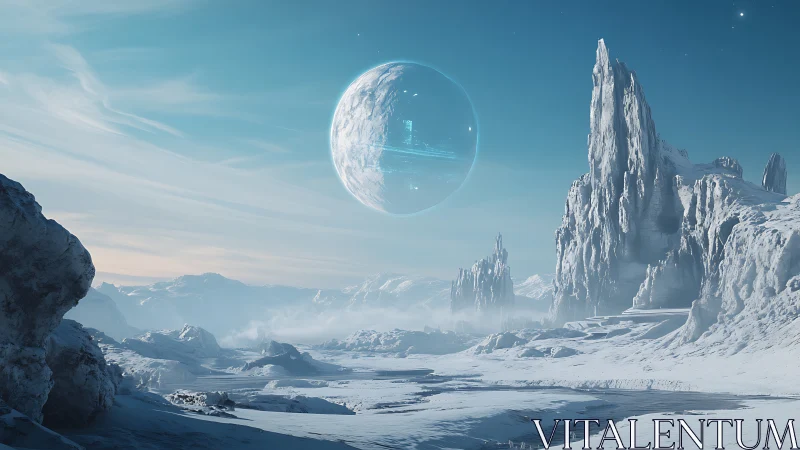 Frozen alien landscape with looming holographic planet.