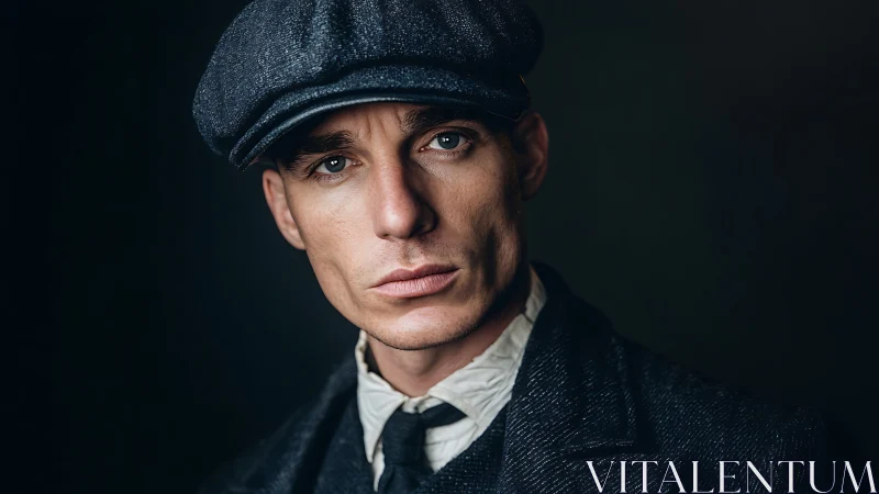 Man wearing flat cap and vintage suit stares into camera