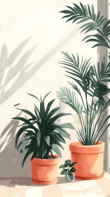 Sunlit potted tropical foliage in terracotta planters indoors